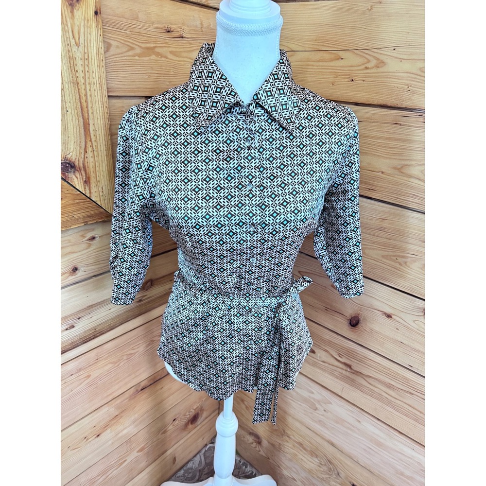 Yoyos USA Geometric Tile Print Button Down Blouse with Tie Waist Brown Teal M‎